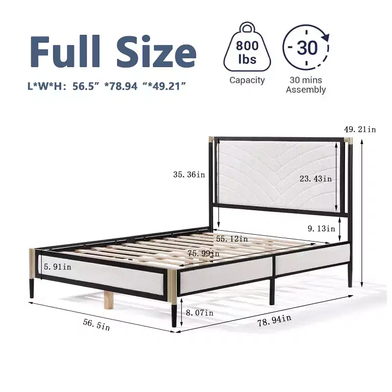 Full/Queen Size Platform Bed Frame with White Boucle Fabric Headboard and Champagne Silver+Black Frame-Christopher Knight Home