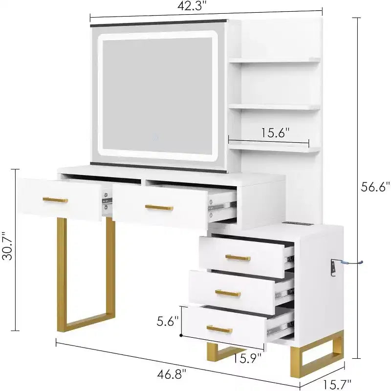 Makeup Vanity Desk, Large Dressing Table, 3 Lighting Modes, 5 Large Drawers and 3 Tiers of Open Shelves, for Bedroom