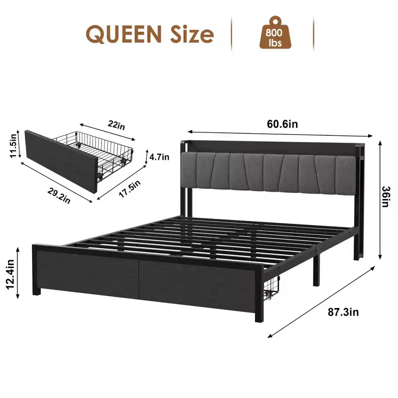 Queen Size Bed Frame with Storage Headboard and Charging Station