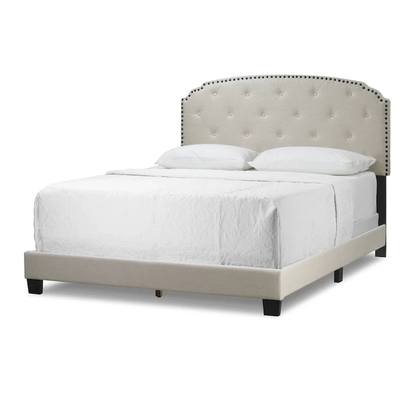Queen Bed Frame - Beige Fabric with Button Tufting and Nail Head Trim