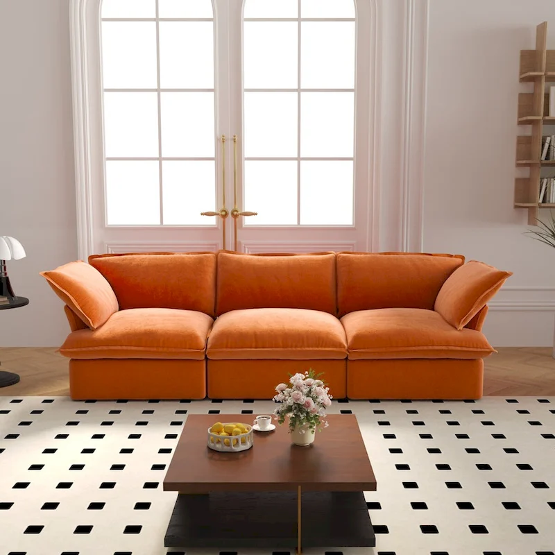 3-Seater Velvet Cloud Sectional Sofa, Down Feather Wide Deep Seat Modular Couch