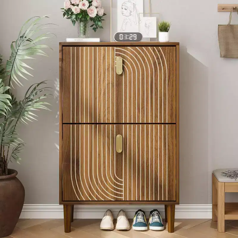 Mid-Century Shoe Storage Cabinet �C 2 Flip Doors, Adjustable Shelves, 95,8 cm High