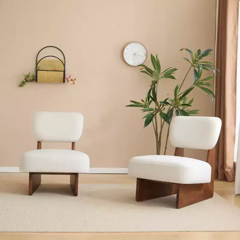 Set of 2 Modern Beige Lounge Chairs with Polyester Upholstery, Sturdy Wood Base, for Various Rooms