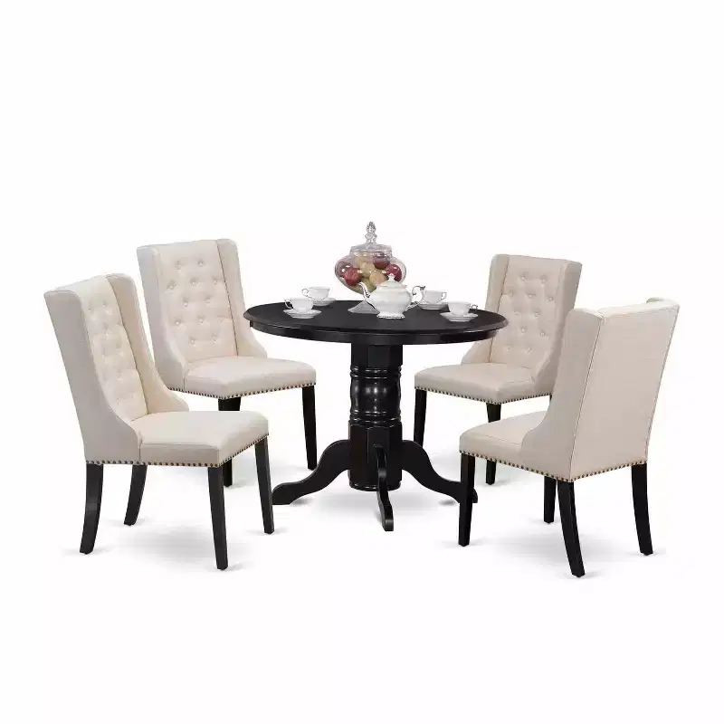 HomeStock 5-Piece Black Finish Solid Wood Top Dining Table with 4 Upholstered Chairs