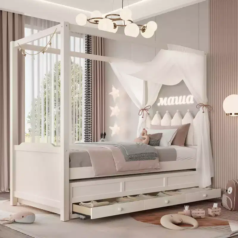 GDFStudio Zhiyuan Modern Wooden Canopy Bed with Linen Upholstered Headboard, Trundle and 3 Drawers