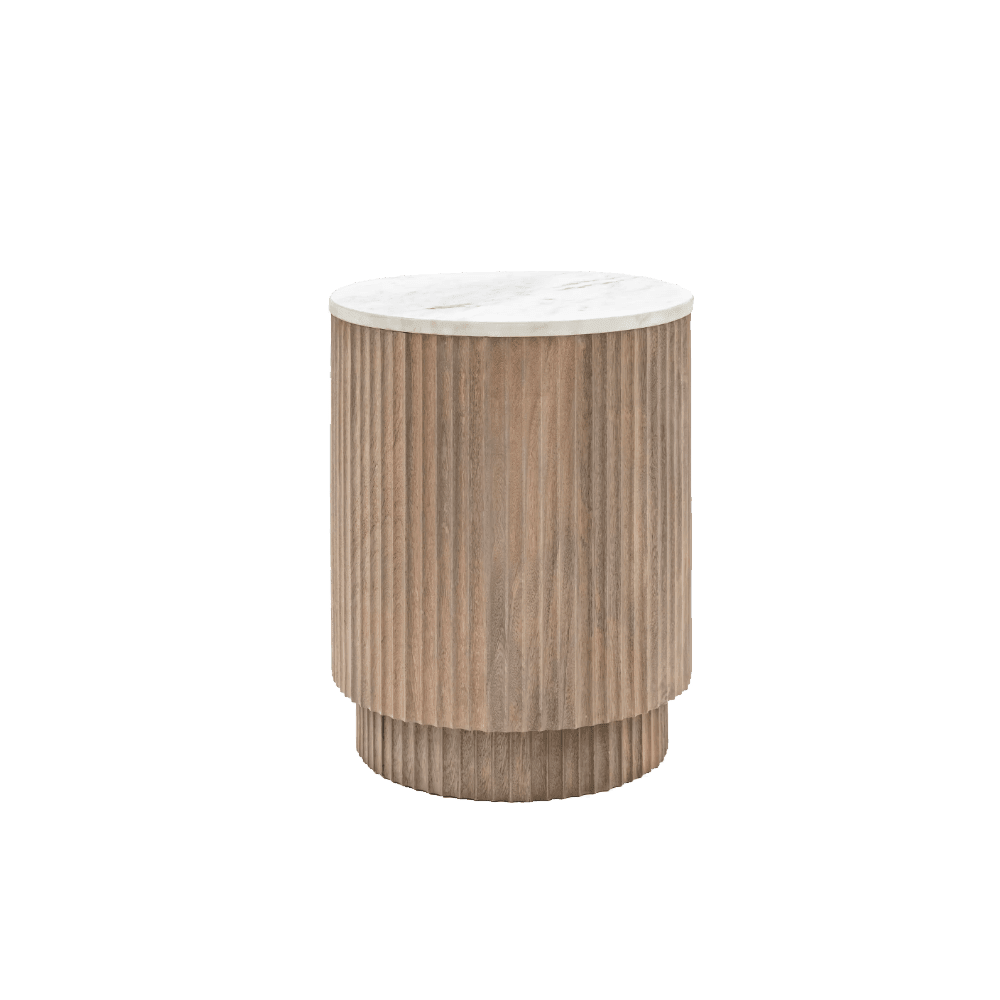 Mango Wood Ribbed Round Side Table with Marble Top