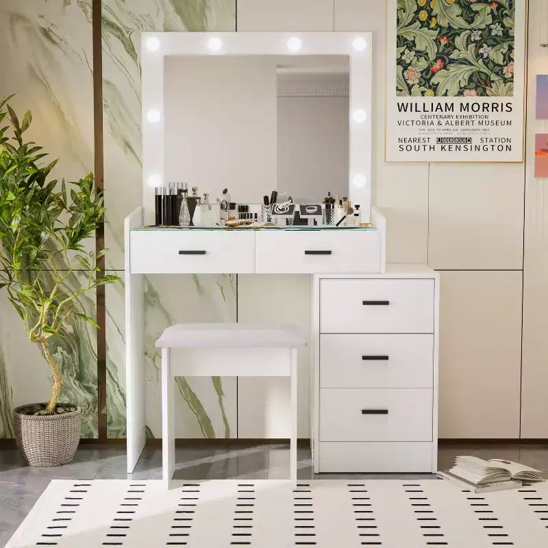 Okak Makeup Vanity with Large Mirror and 5 Drawers, Vanity Desk with Cushion Stool, Dressing Table for Living Room, Bedroom, Dressing Room, White