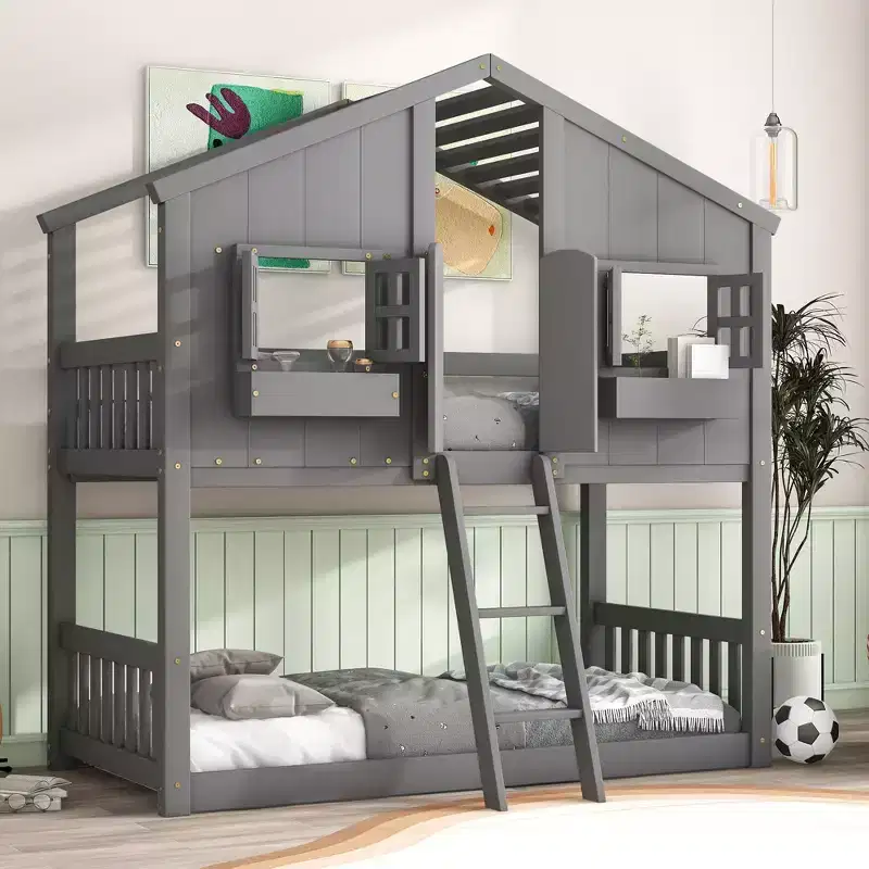 Bellemave Twin over Twin House Bunk Bed with Window, Window Box and Door ,Pine House Bunk Bed Frame with Roof,Guardrails and Ladder for Kids