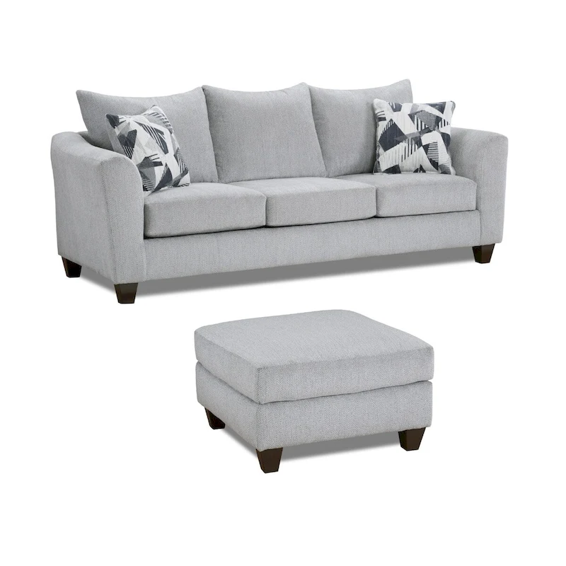 Roundhill Furniture Duleek 2-Piece Living Room Set, Sofa and Cocktail Ottoman, Herringbone Silver