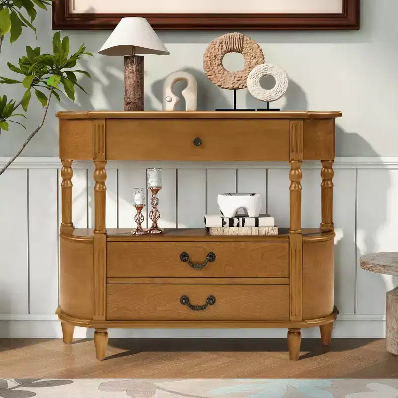 43 Retro Curved Console Table with Drawers, Solid Wood Legs Sofa Table Behind Couch, Entryway or Hallway Table with Storage Shelf-Panipeachy
