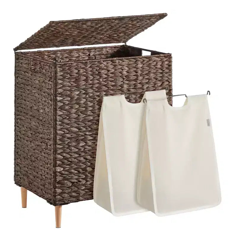 Laundry Hamper 2 Sections, 34.3 Gal. (130 L) Handwoven Water Hyacinth Wicker, with Lid, Removable Washable Liners, Handles