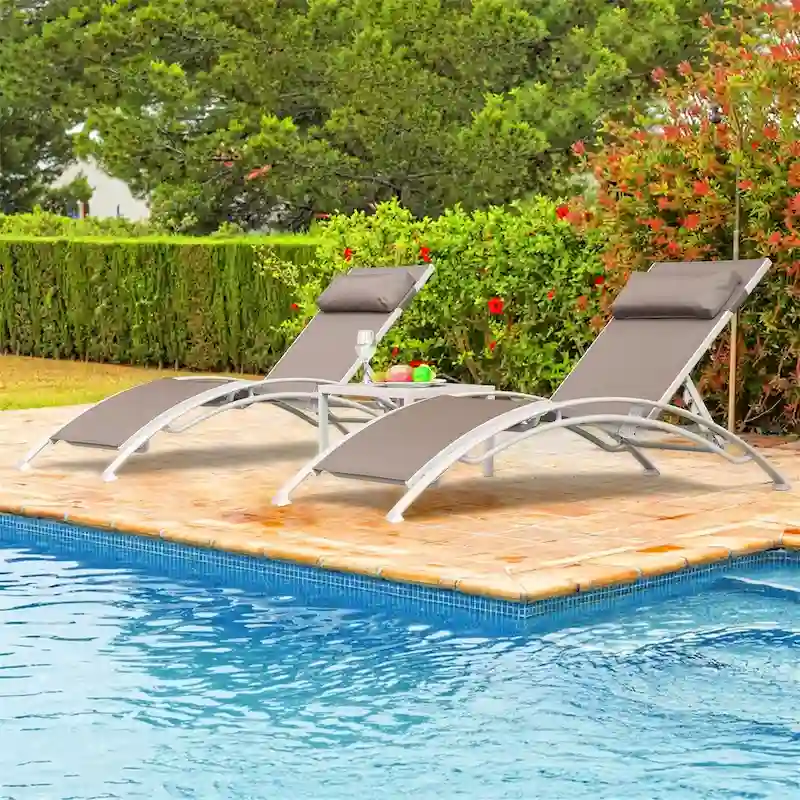 5 Adjustable Aluminum Textile Outdoor Patio Recliner Chairs in Gray, 2 Lounge Chairs and 1 Table - N/A