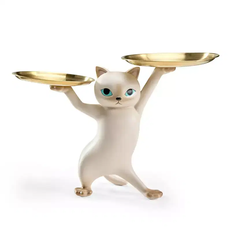 Enchanting Cat Side Table with Dual Tempered Glass Trays - Gold & Beige