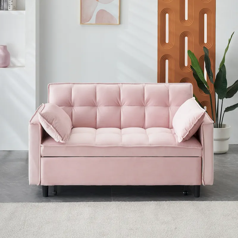 Pink Modern 55 3 in 1 Velvet Loveseat Convertible Sofa Bed with Backrest and Pillows for Living Room