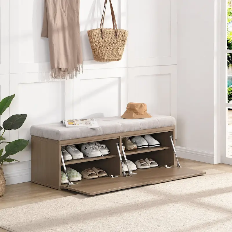 49 Shoe Storage Bench Entryway Shoe Cabinet Storage Ottoman with Padded Seat Cushion and Double Doors