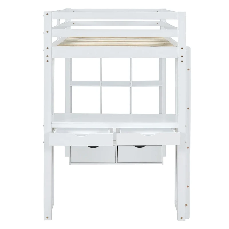 White Full Size Solid Wood Loft Bed with Shelves, Writing Desk and LED Light