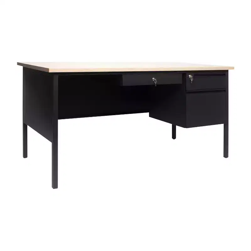 Commercial Grade Single Pedestal Desk with Locking Drawers & Metal Frame, 300 lb