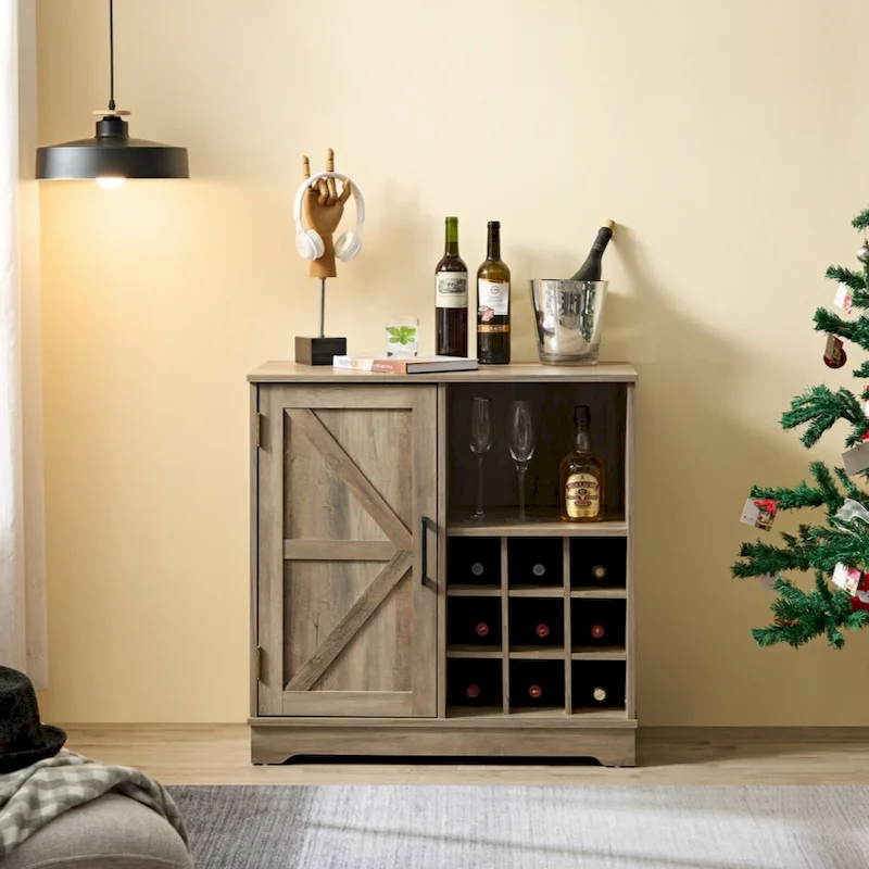 Farmhouse Coffee Bar Cabinet Bar Cabinet with Wine Rack Barn Door Buffet Sideboard Cabinet with Drawer