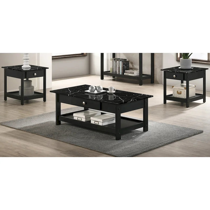 DH BASIC Transitional Rubberwood 3-Piece Open-Shelf Coffee Table and End Table Set with Drawer by Denhour