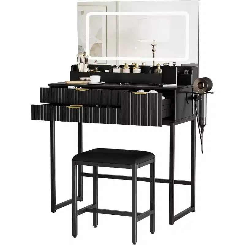 Vanity Desk with Mirror and Lights, Makeup Vanity with Storage Drawers & Stool, Small Vanity Set for Bedroom, Dressing Table with LED Lighted Mirror