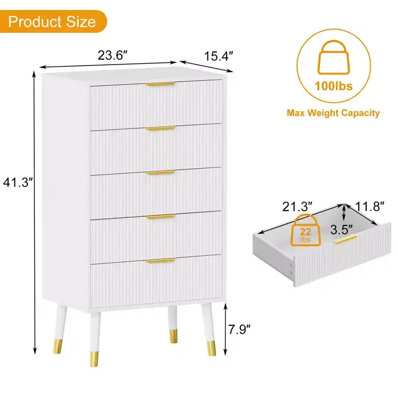 Modern Fluted 5-Drawer Tall Dresser with Gold Handles, Bedroom & Entryway