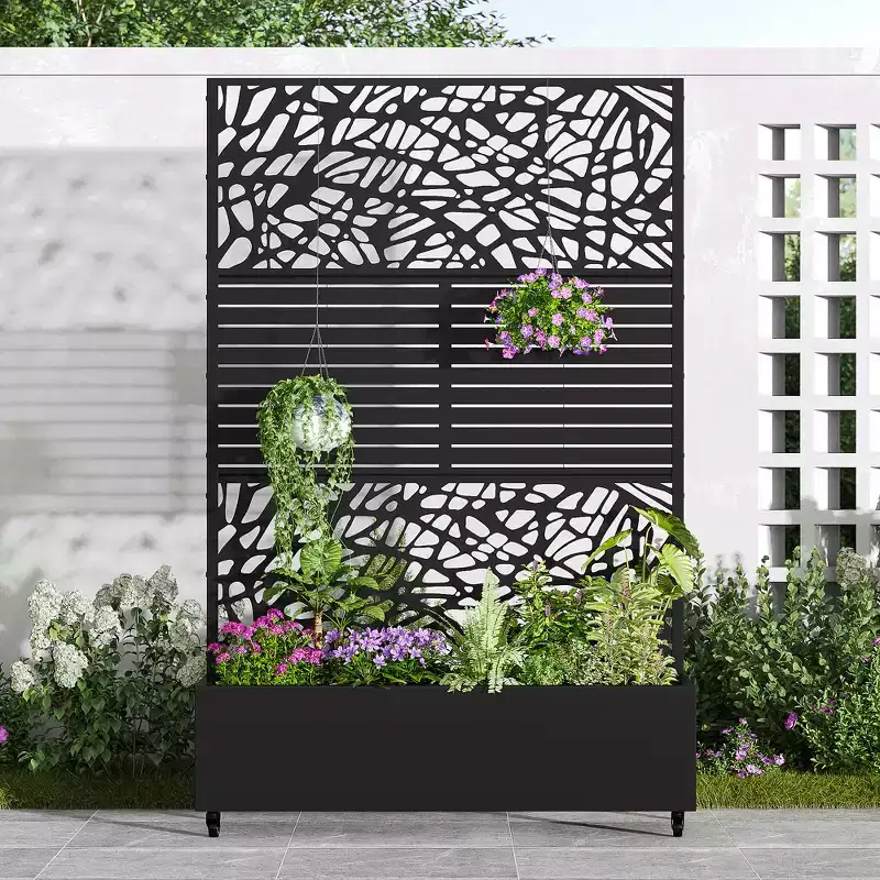 72H Black Metal Planter Box with Trellis Privacy Screen for Caf Patio,Garden & Balconies