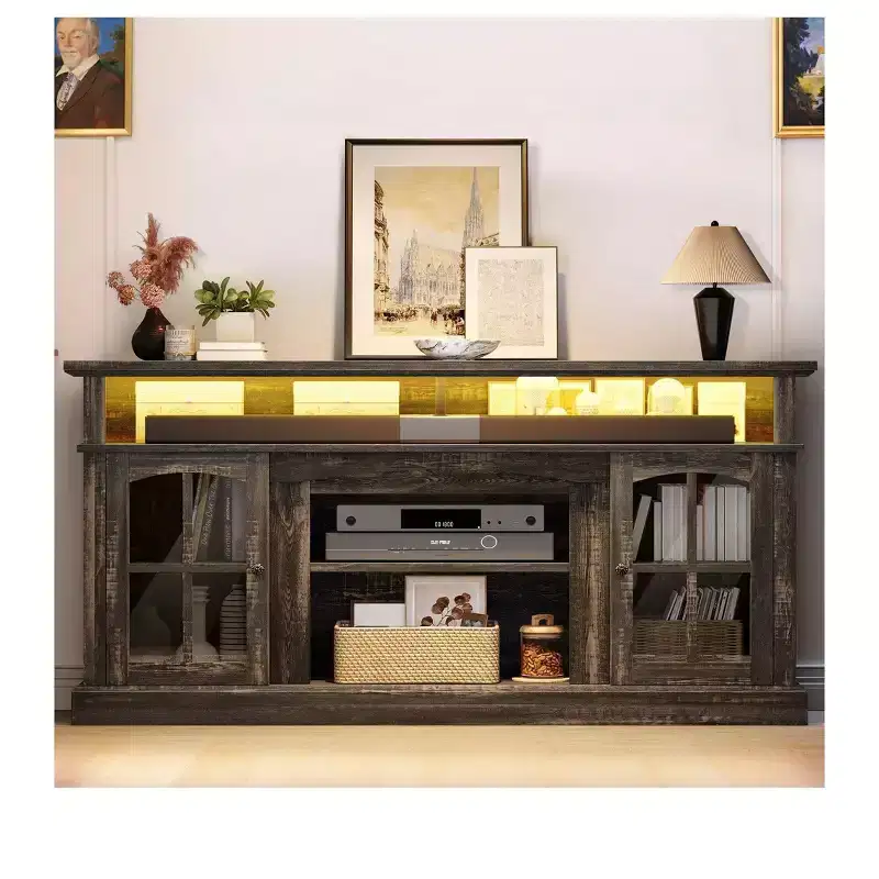 LED Farmhouse TV Stand for 75 Inch , Entertainment Center with Glass Doors & Power Outlets, Media Console Cabinet for Living Room,Dark Rustic Oak