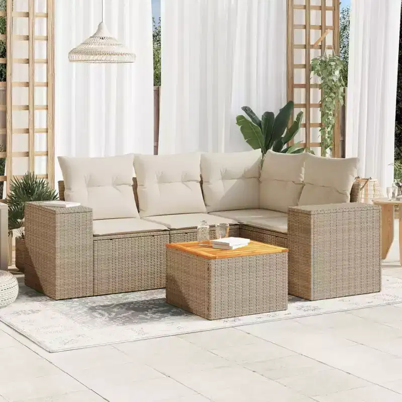vidaXL Patio Sofa Set with Cushions Outdoor Furniture 5 Piece Poly Rattan