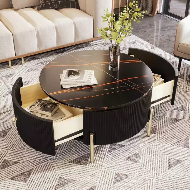 80 cm Round Storage Coffee Table �C 2 XL Hidden Drawers, Space-Saving, Black