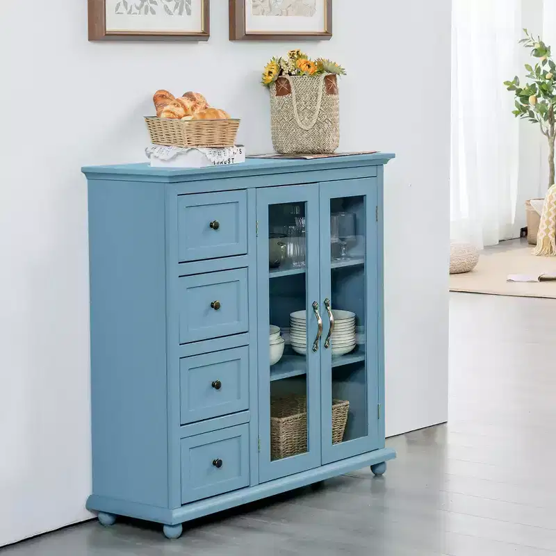 White/Blue/Green Buffet Sideboard with 4 Drawers & 2 Doors 鈥?1 Person