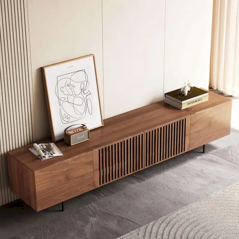 Mid-Century Modern TV Stand with 4 Doors Storage Cabinets, Fits TVs Up to 100 Inches, Living Room Entertainment Center