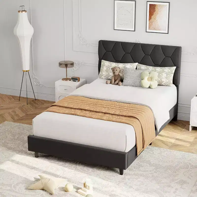 Upholstered Headboard Platform Bed Frame - Heavy-Duty Wood Slats, Noise-Free, No Box Spring Needed, Easy Assembly
