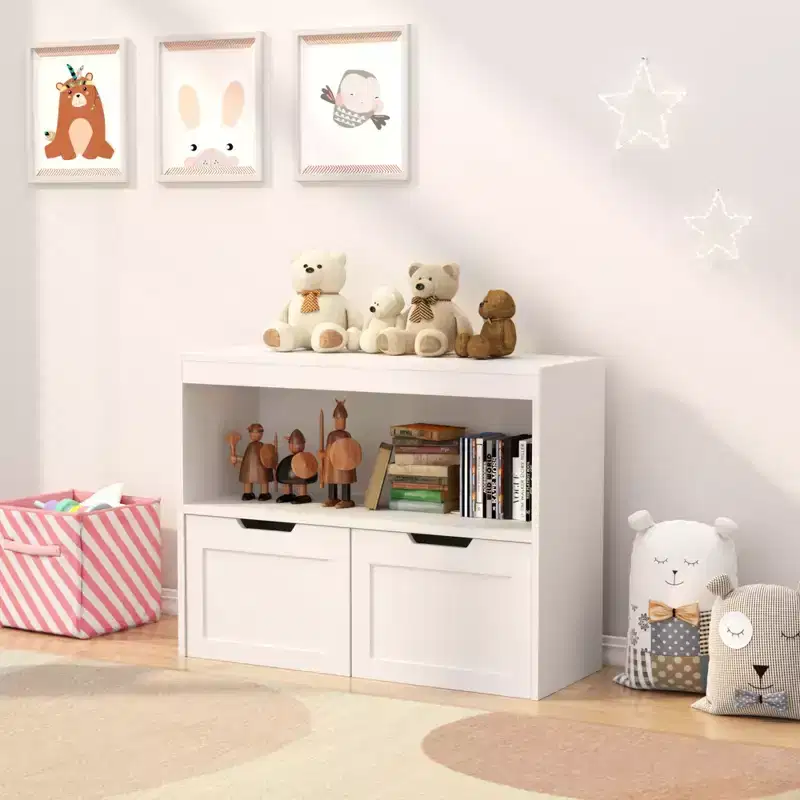 Kids Book & Toy Storage Cabinet Organizer with Drawers & Open Shelves, White