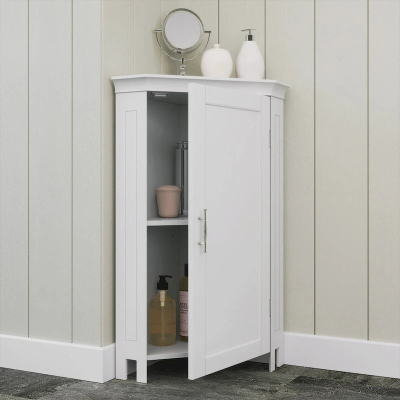 RiverRidge Somerset Corner Floor Bathroom Storage Cabinet Organizer with Doors and an Adjustable Shelf - White