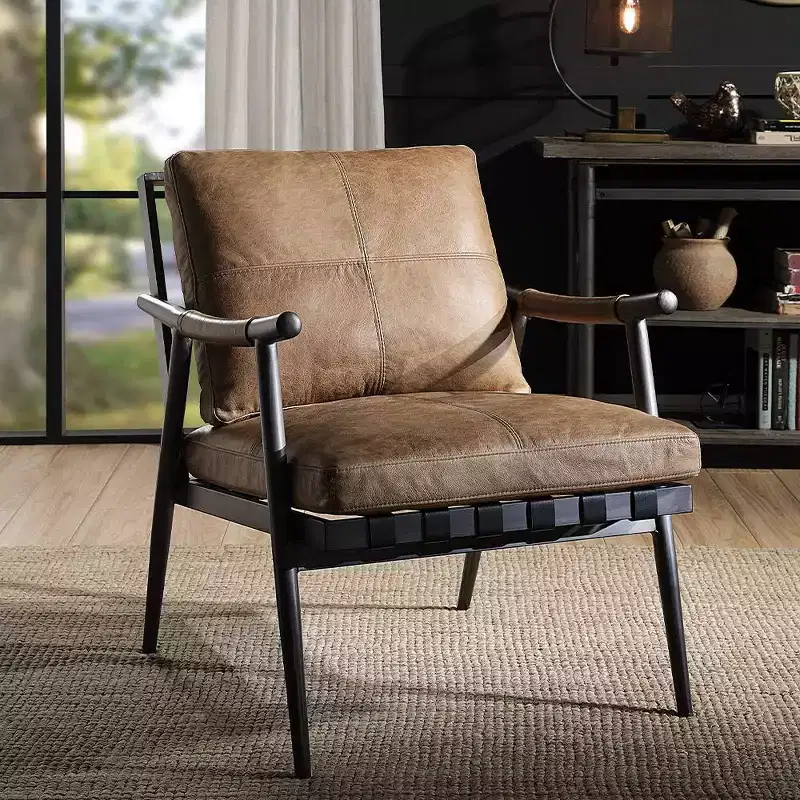 Acme Furniture 26 Anzan Accent Chair Berham Chestnut Top Grain Leather/Matt Iron Finish: No Assembly, Metal Frame, Dry Dust Care