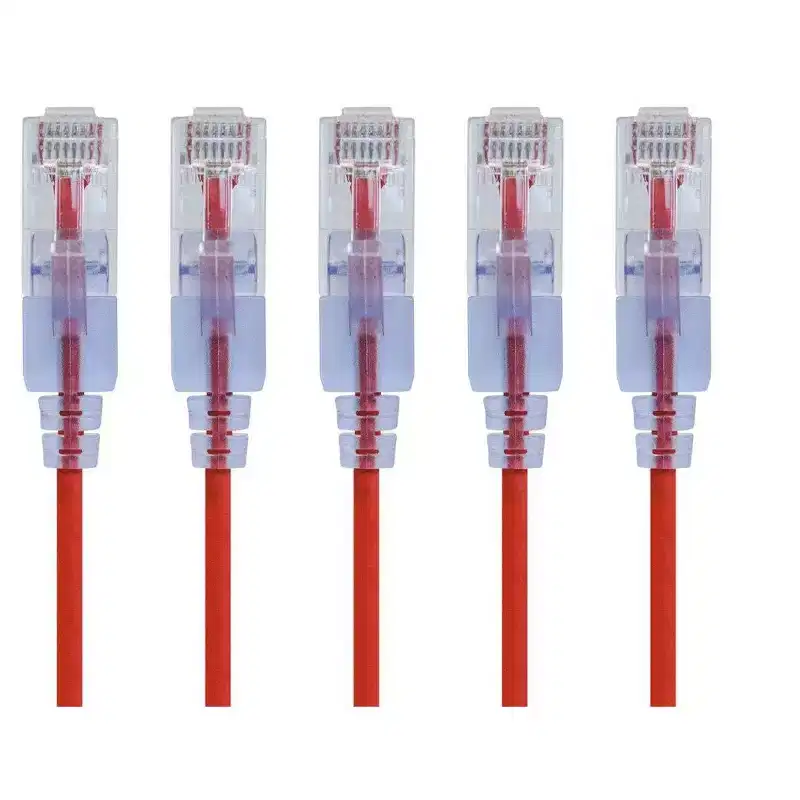 Monoprice SlimRun Cat6A Ethernet Patch Cable - Network Internet Cord - RJ45, Stranded, UTP, Pure Bare Copper Wire, 30AWG, 2ft, Red, 5-Pack