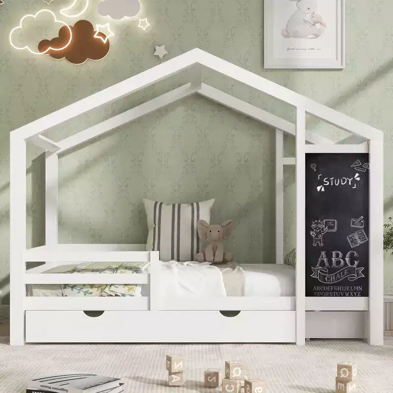 Bellemave Twin/Full House Bed with Blackboard and Storage Drawers, Convertible Kids Play and Sleep Loft Bed, White