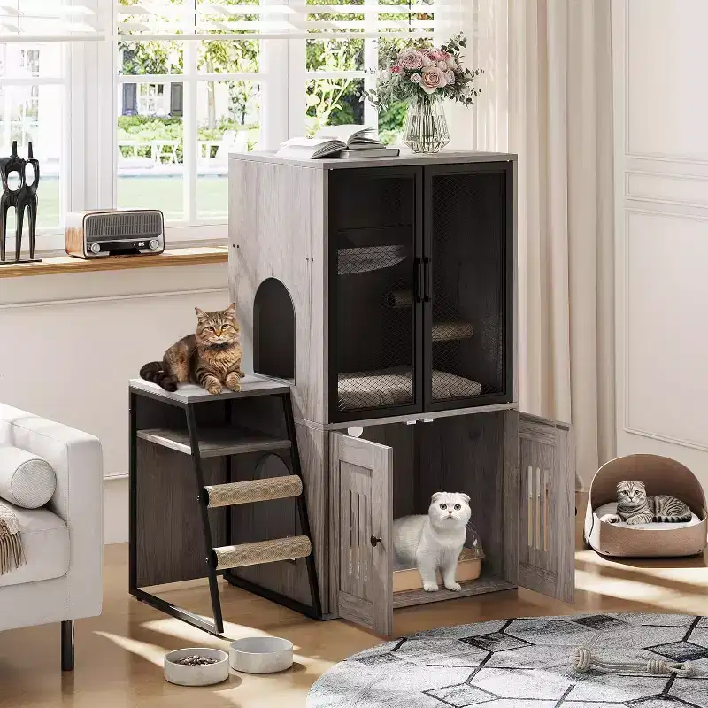 Cat Litter Box Enclosure Furniture with Double Layer, Doors & Ladder, 2-in-1 Hidden Litter Box Furniture with Storage Shelf , Cat House Cabinet