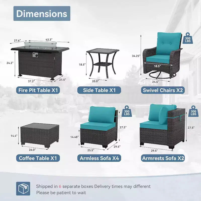 ALAULM 11 Pieces Patio Furniture Set, Rattan Wicker Outdoor Conversation Sets w/43in Propane Fire Pit Table