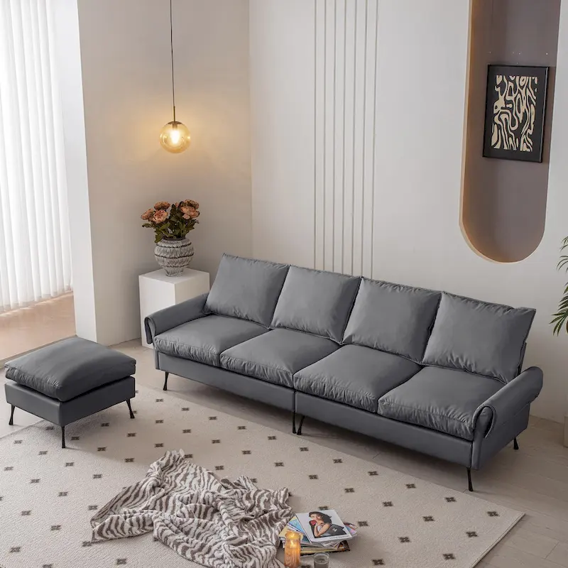 Modern 104.5 L-Shaped Sofa with Technical Leather Upholstery and Convertible Ottoman, Dark Gray