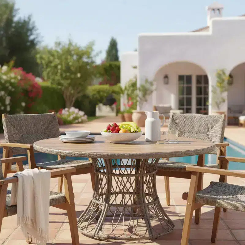 Christopher Knight Home Nan Farmhouse 5 Piece Outdoor Acacia Wood Dining Set with 4 Wicker Armchairs