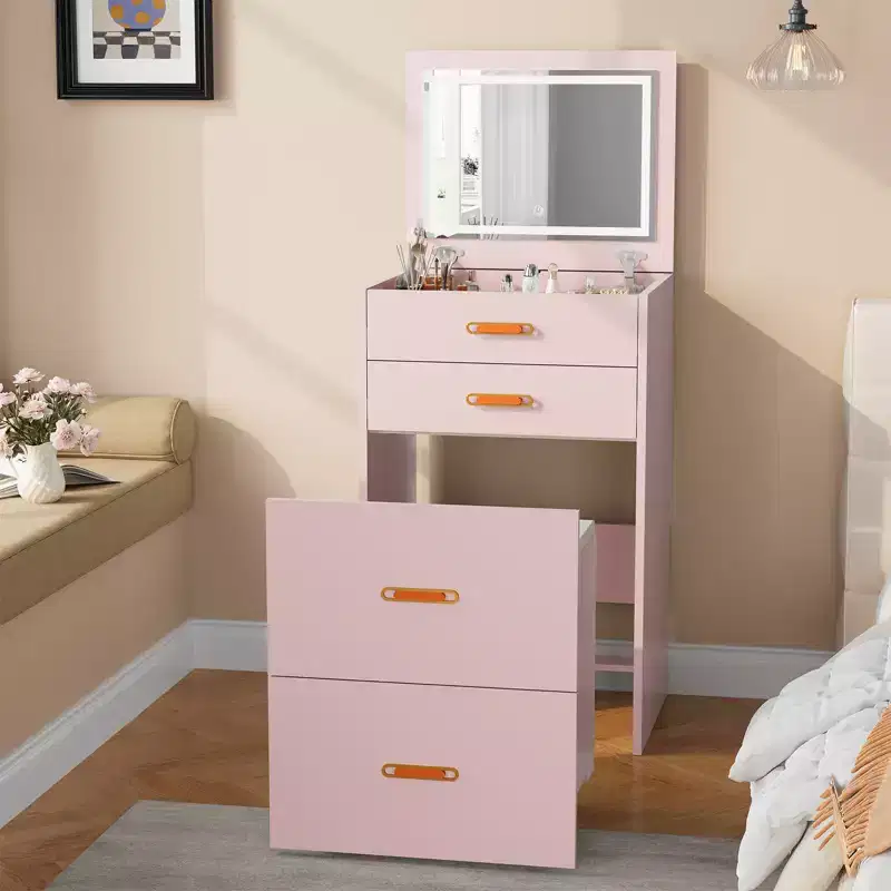 Small Makeup Vanity Desk with Mirror and Lights, 3-in-1 Compact Vanity Table Set, Dressing Table with 3-Light Mode, Storage Rolling Chair for Bedroom