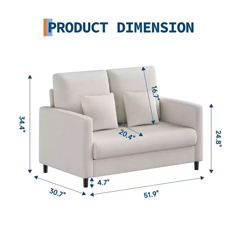 51.9 Sofa Accent Chair, Chenille Loveseat Reading Couch for Bedroom, Tool-Free Setup Living Room Accent Couch, Comfy Arm Chair for Living Room
