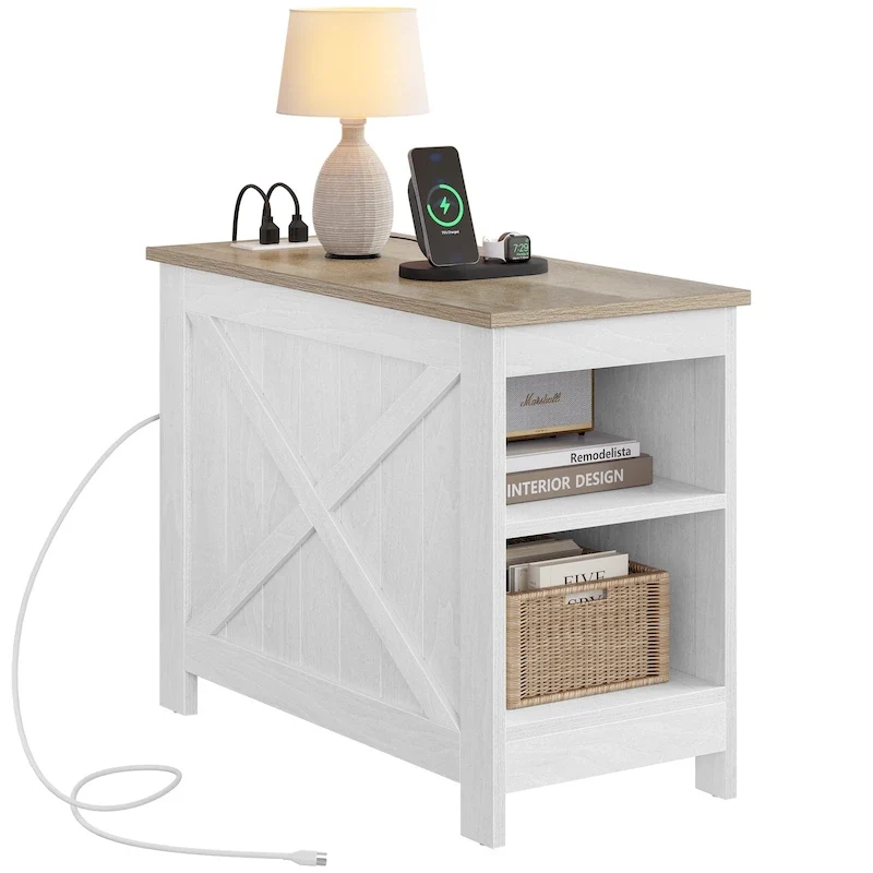 End Table with Charging Station, Side Table with Storage, 2 Power outlets & 2 USB Ports for Living Room