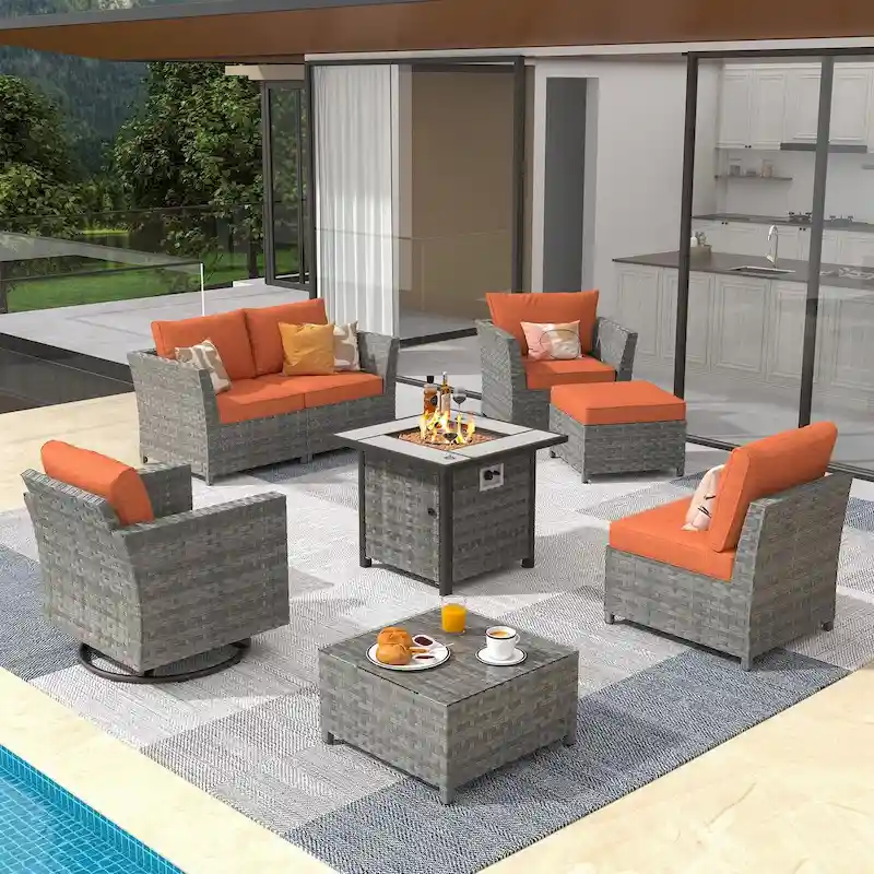 XIZZI 8-piece Outdoor Furniture Wicker Sofa Set with Fire Pit