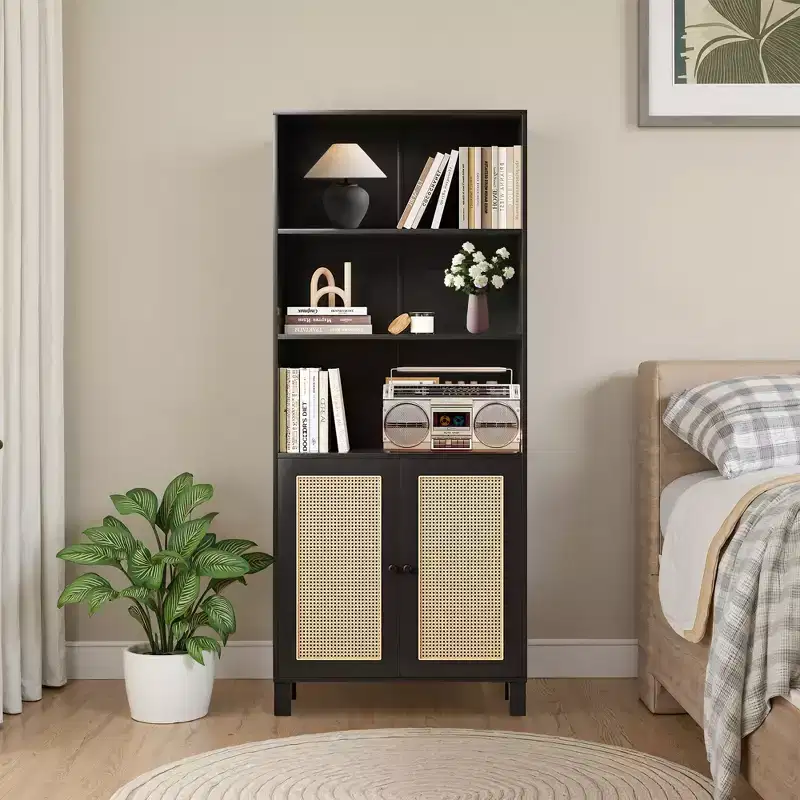 5-Shelf Bookcase with Rattan Doors - Tall Display Shelves for Home Office & Bedroom (Black)