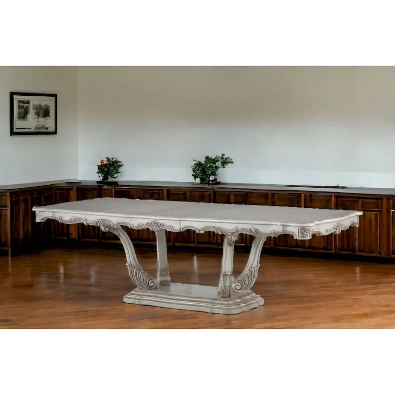 Ornate Off White Solid Wood Rectangular Pedestal Dining Table Classic Style