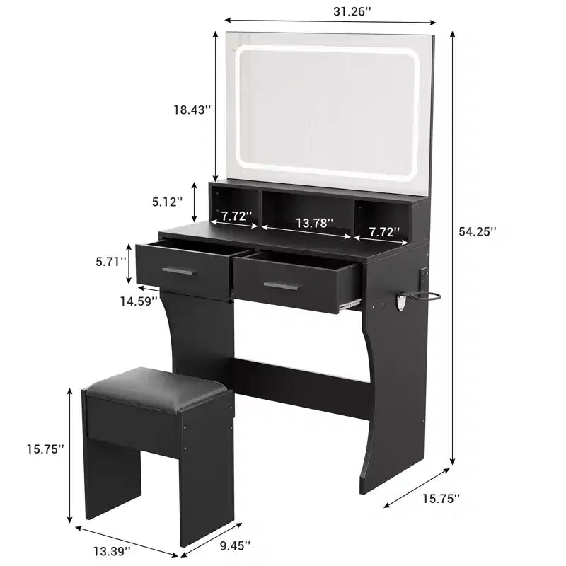 31.5 Large Makeup Vanity Desk with Mirror and Lights, 2 Drawers, Stool, 3 Color Lighting Modes, Modern Dressing Table for Bedroom
