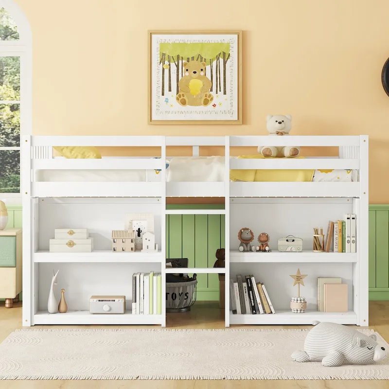 White Twin Size Wood Low Loft Bed with Two-Tier Shelves and LED Light