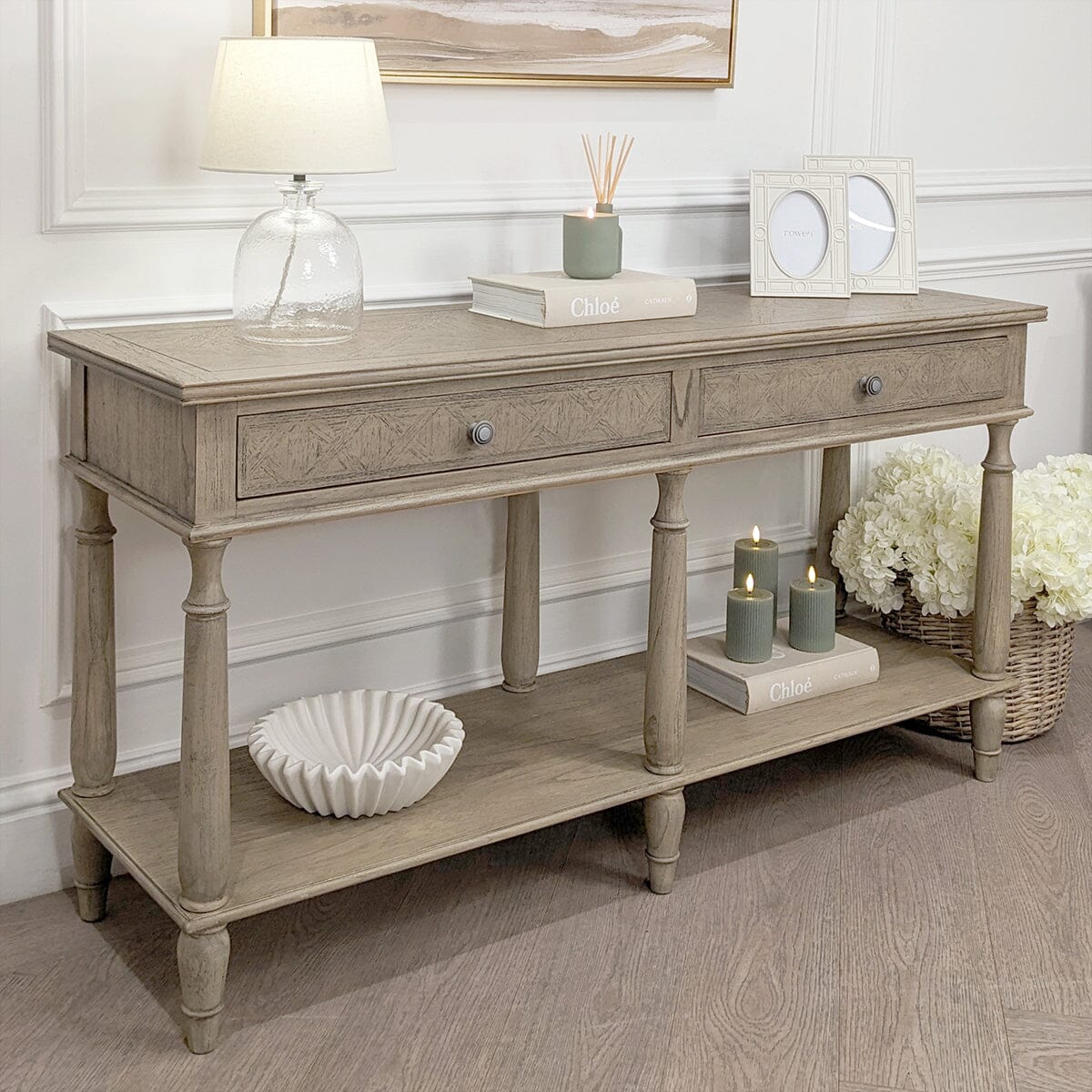 Natural Wood Large 2 Drawer Console Table